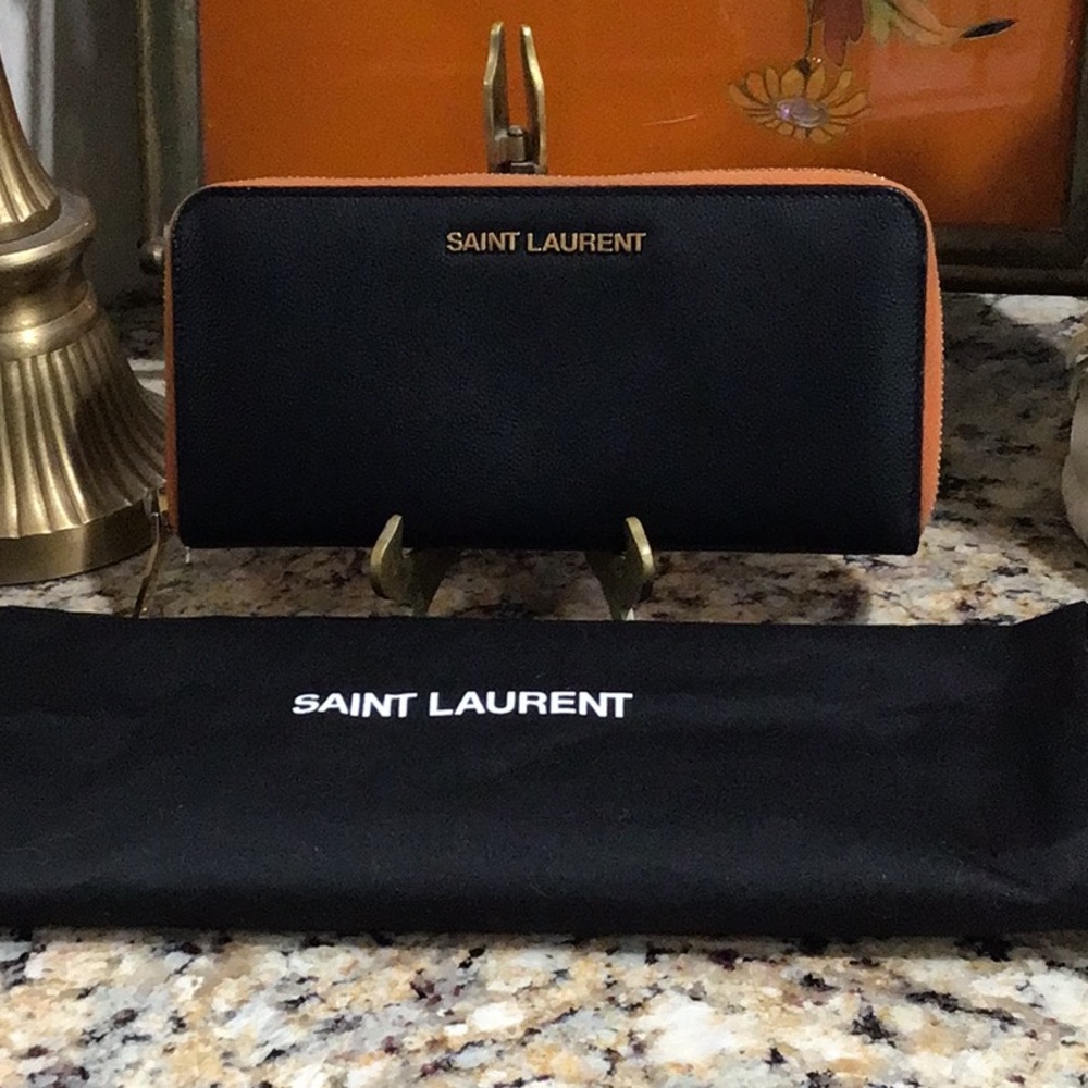 Saint Laurent Black and Orange Long Zipper Wallet with dust bag. EUC